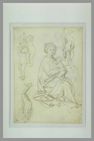 Deux enfants nus ; femme ; Madone allaitant l'Enfant ; chevreuil, image 1/1