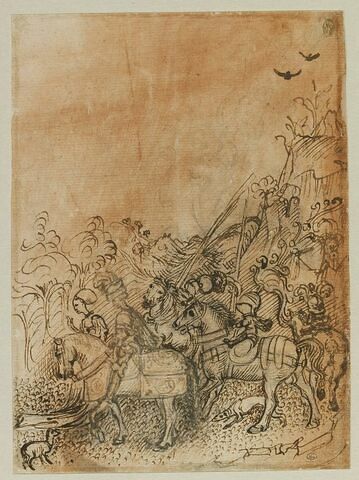 Une dame, un chevalier, deux écuyers et un page dans un paysage, esquisse sous-jacente du cimier de l'un des écuyers, image 1/2