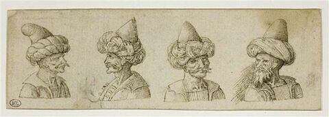 Quatre Orientaux enturbannés, en buste ; esquisse d'un homme de profil tenant un bâton, image 1/2