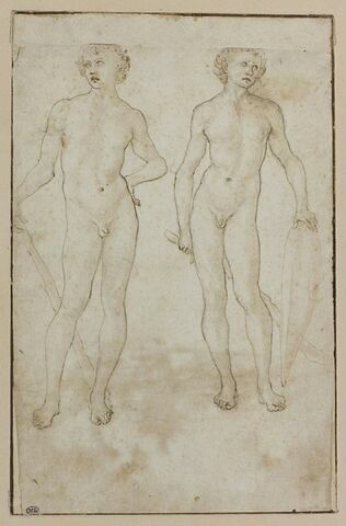 Deux hommes nus, débout, tenant une massue et un bouclier
