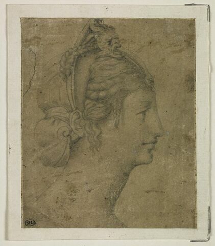Tête de femme avec coiffure maniérée, vue de profil vers la droite, image 1/2