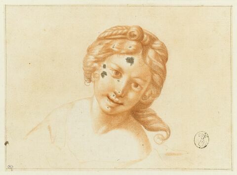 Etude d'une tête de jeune femme vue de face et penchée vers la droite, image 1/2