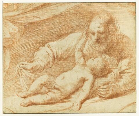 Saint Joseph avec l'Enfant, allongé devant lui, sur une draperie