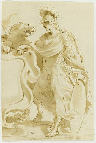 Projet de frontispice : femme casquée près d'un lion et d'un écusson, image 1/2