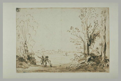 Paysage avec deux hommes accompagné d'un chien dans une clairière, image 2/2