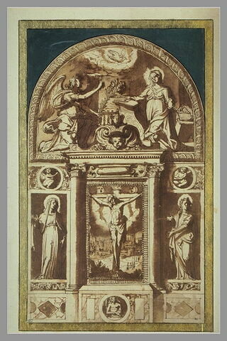 Décoration d'autel avec Christ en croix, St Jean, la Vierge, l'Annonciation