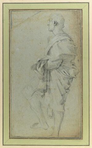 Homme debout, drapé, vu de profil, tourné vers la gauche, image 1/2