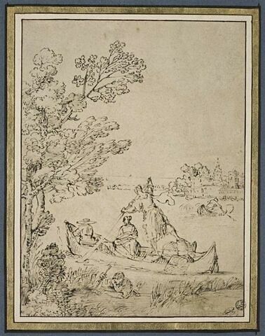 Deux hommes et une femme dans une barque avec un pêcheur au premier plan, image 1/2