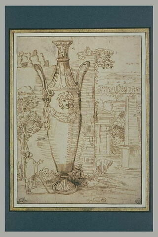 Paysage avec un vase colossal examiné par un homme