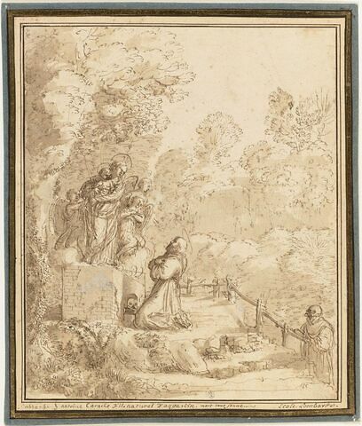 Dans un bois, saint moine adorant une Vierge à l'Enfant sur un piédestal