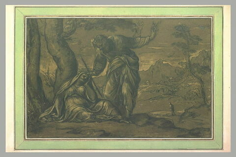 Un homme touchant le front d'une femme assise sous un arbre, image 1/1