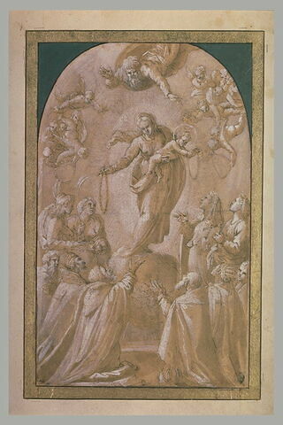 La Vierge et l'Enfant Jésus distribuant des rosaires à des saints