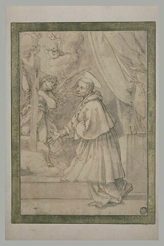 Saint Charles Borromée en prière devant une croix soutenue par un ange, image 1/1