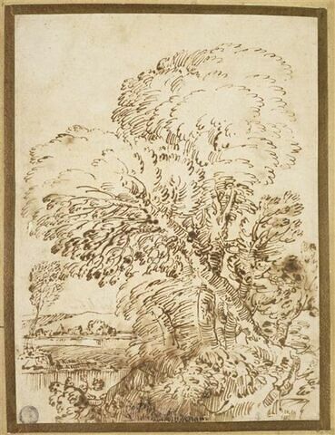 Paysage avec des arbres sur un talus, et à gauche une rivière dans la plaine, image 1/2
