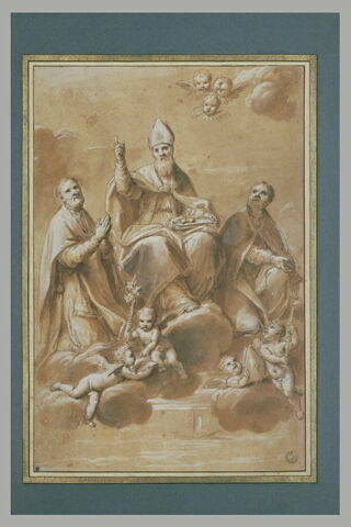 Saint Nicolas, évêque de Mira au milieu de deux saints sur des nuages, image 2/4