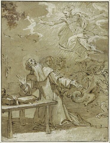 Saint Antoine à genoux, tourmenté par les démons, délivré par un ange