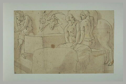 Trois hommes, un mulet et un âne, auprès d'un chargement, image 1/1