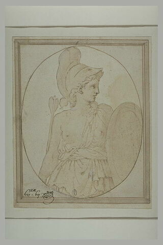 Femme guerrière, vêtue à l'antique, tenant un javelot et un bouclier