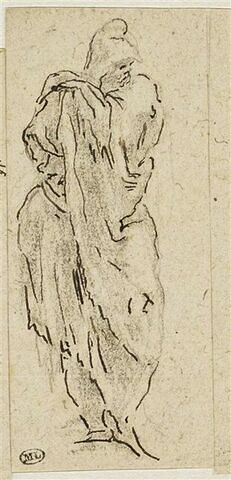 Figure drapée, debout, la main gauche posée sur l'épaule, regardant à droite