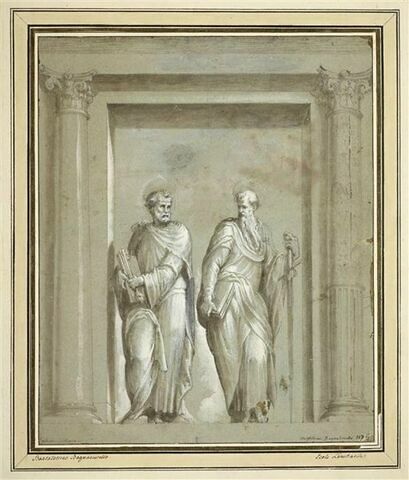 Saint Pierre et saint Paul debout sous un portique d'ordre corinthien