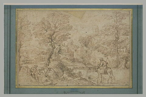 Vaste paysage boisé et vallonné, avec des personnages près d'un château, image 2/4
