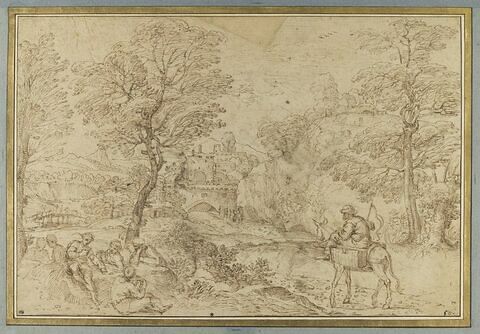 Vaste paysage boisé et vallonné, avec des personnages près d'un château, image 4/4