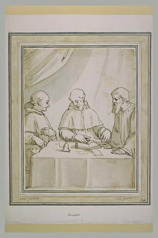 Trois moines assis autour d'une table, un livre ouvert devant eux, image 2/2