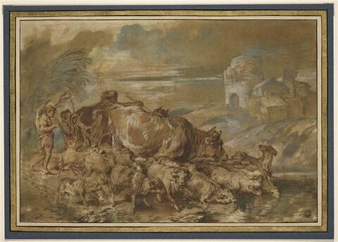 Trois bergers accompagnet un troupeau de boeufs et de moutons à la rivière