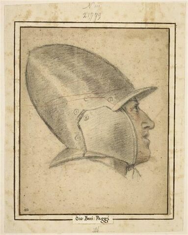 Tête d'homme, coiffée d'un casque, vue de profil