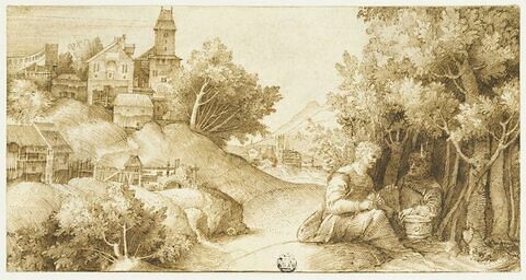 Paysage avec deux hommes assis près d'un bosquet, image 1/2