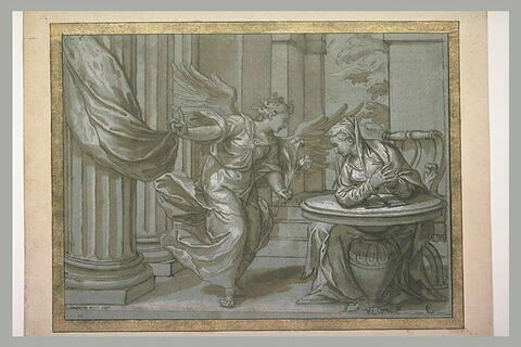 L'Annonciation : la Vierge est assise à droite devant une table et un livre, image 1/1