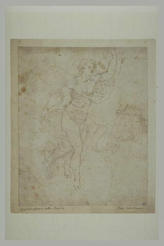 Figure d'homme ailé, debout de trois quart vers la droite; étude de draperie, image 2/2