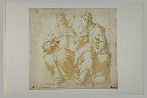 Une femme couronnée tenant un sceptre et un livre, et un homme assis, image 1/1