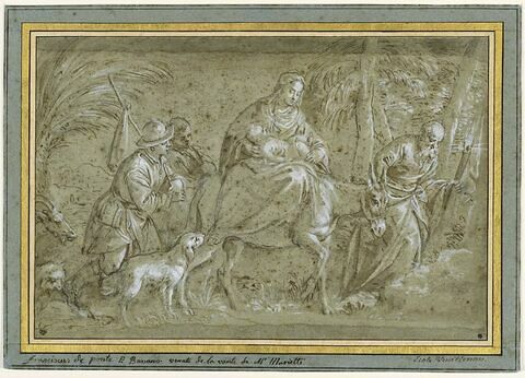 Vierge et l'Enfant sur un âne, conduit par Joseph, escortés de deux hommes