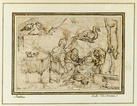 Intérieur d'une cuisine avec trois figures et étude d'animaux, image 1/2