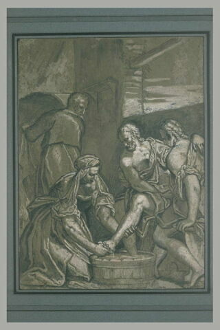 Une femme lave les pieds d'un homme assis, et deux autres figures, image 1/1