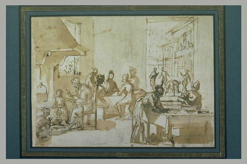 Intérieur d'auberge avec des figures autour des tables et devant la cheminée