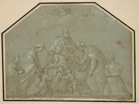 La Vierge à l'Enfant avec le petit saint Jean, à laquelle une femme présente un autre enfant, deux autres femmes et deux donateurs