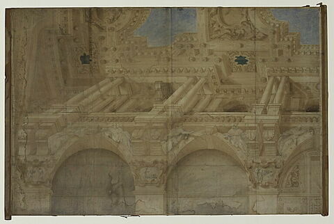 Etude pour un plafond d'église enrichi d'ornements, colonnes et caissons, image 1/1
