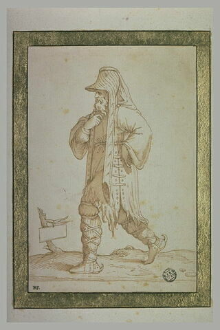 Homme en costume oriental, portant une tunique en peau de bête