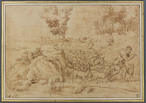 Un berger jouant de la flûte menant son troupeau, avec deux autres bergers