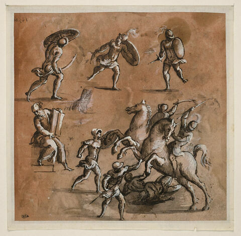 Trois soldats, combat de cavaliers et de fantassins, vieillard assis, image 1/2