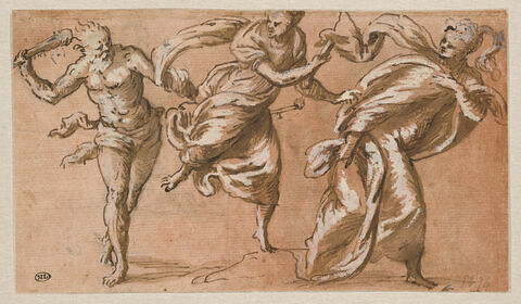 Un homme (Hercule?), armé d'une massue, poursuit deux jeunes femmes