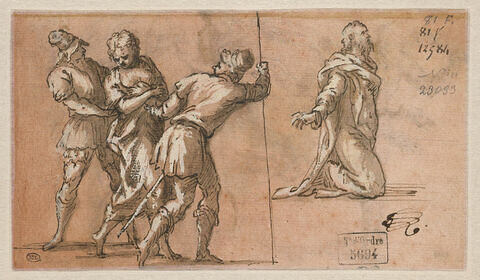 Deux hommes poussant en avant une femme et un homme à genoux, priant, image 1/2