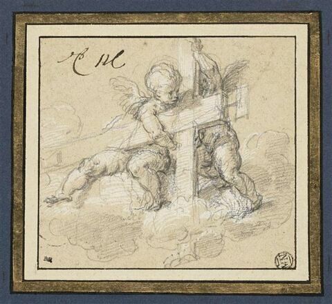 Deux angelots assis sur des nuées, portant la croix, image 1/2