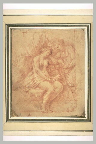 Une femme nue, assise et un satyre debout, image 1/1