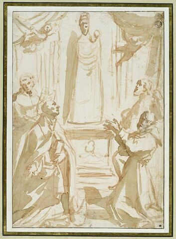 Quatre religieux adorant la statue de la Vierge à l'Enfant, image 1/4