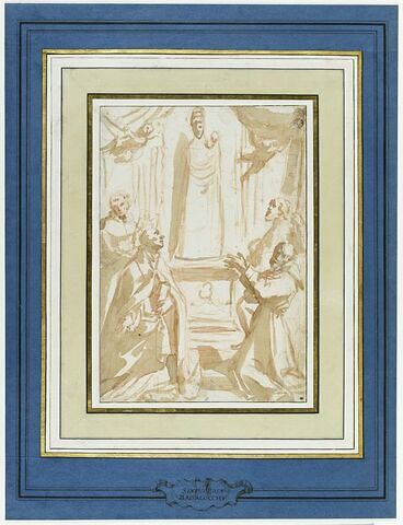 Quatre religieux adorant la statue de la Vierge à l'Enfant, image 3/4