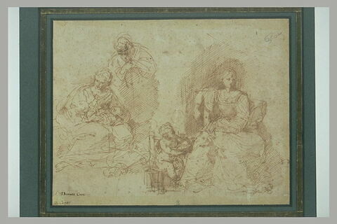 Une Sainte Famille, et femme assise à côté d'un enfant