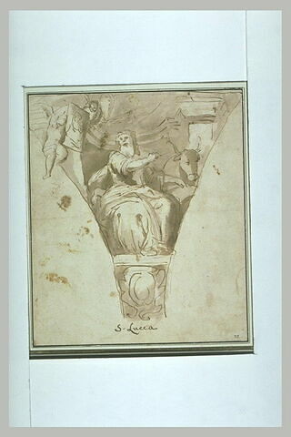 Saint Luc assis surmonté de deux anges soutenant un cadre, image 2/2